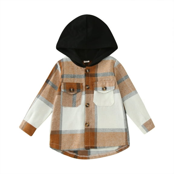 Otqutp Kids Warm Coat Toddler Boys Girls Shirt Coat Jacket Plaid Long Sleeve Kids Tops Hooded Outwear with Pockets for Party Birthday School(Khaki,6-12 Months)