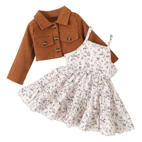 Otqutp Kids Warm Overcoats Windproof Toddler Baby Girls Outfits Floral Print Sleeveless Dress and Solid Color Long Sleeve Jacket Outdoor Casual Fashionable Suit(Brown,9-12 Months)