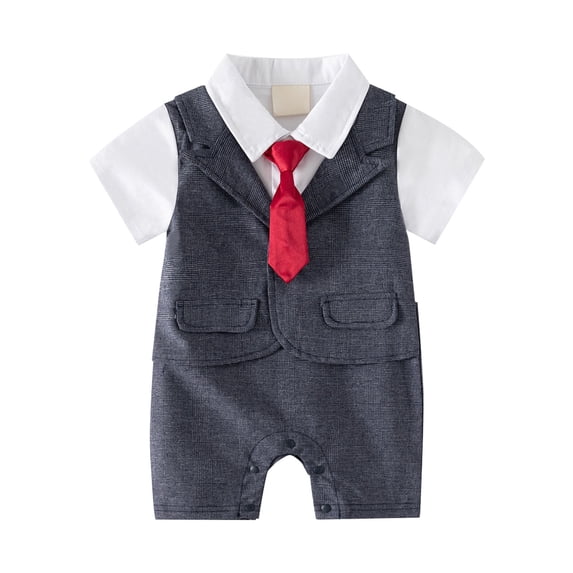 Otqutp Kids Wedding Bodysuit Baby Boys Gentleman White Shirt Vest Bowtie Short Sleeve Jumpsuit Spring Summer Overall Romper Festival Holiday Outfit(Dark Blue-B,0-3 Months