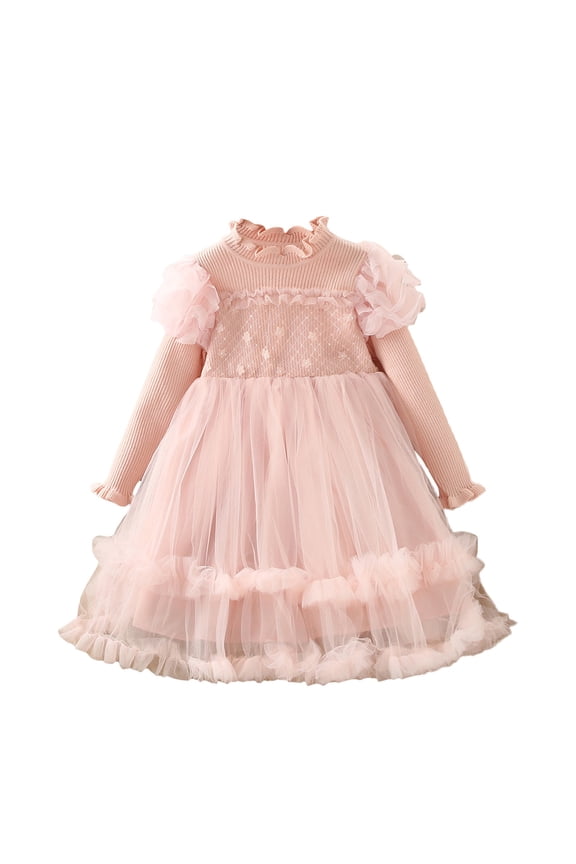 Knitted Sweater for Baby Toddler Girl Long Sleeve Sweater Tulle Patchwork Princess Dress for 1 To 7 Years Pullover Warm Dresses(Pink,6-7 Years)