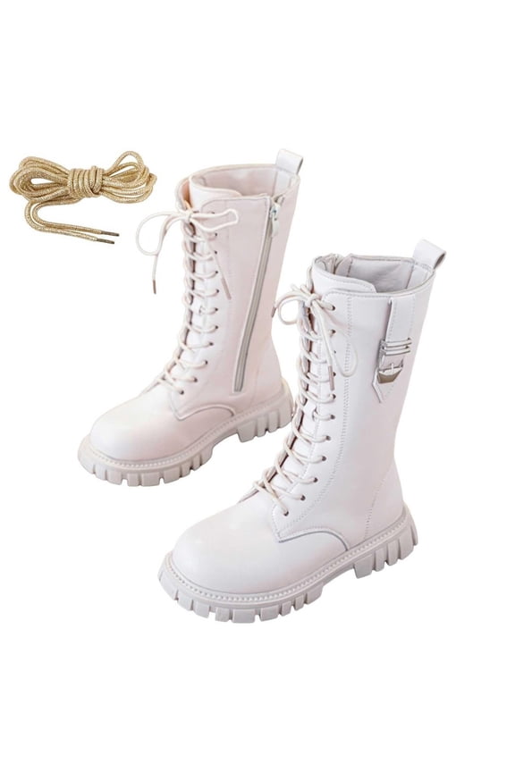 Lace-Up Combat Boots for Girls Single Lined Mid Calf Side Zipper Leather Boots Winter Non-Slip Mid-Calf Boots