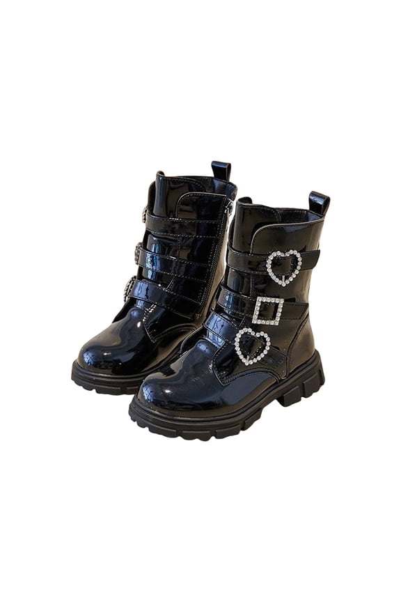 Leather Boots for Girls Heart Buckle Decor Mid-Calf Boots Toddlers Kids Solid Non-Slip Sole High Top Boots