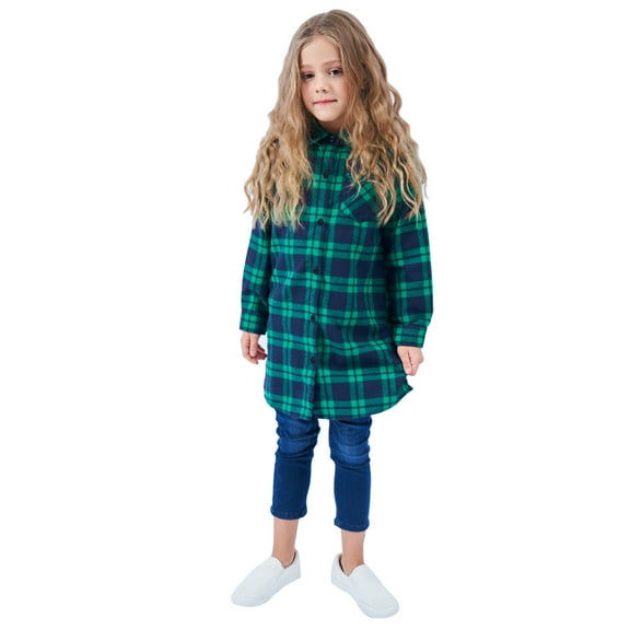 Otqutp Little Children Long Blouse Kids Girls Toddler Plaid Pleated Mini Dress Button Down Plaid Flannel Shirts Long Sleeve Casual Pocket Shirts(A-Green,2-3 Years)