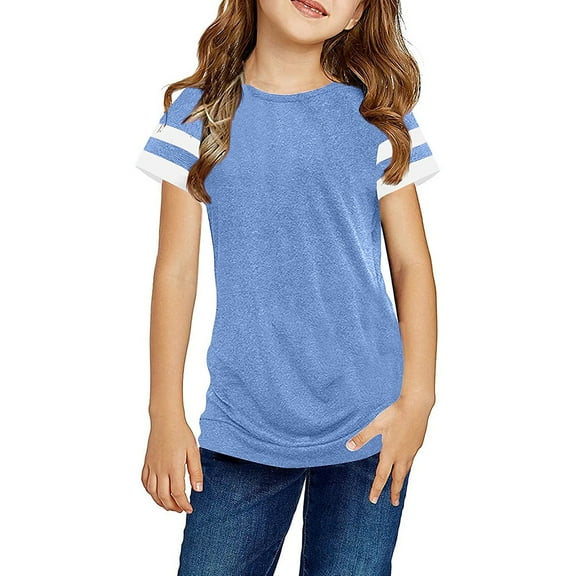Otqutp Little Children Patchwork Tops Girls T Shirts Short Sleeve Summer Basic Tees Top Stripes Round Neck Loose Fit Tunic Shirt Blouse