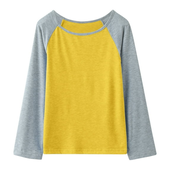 Otqutp Little Girls Casual Long Sleeve Lightweight Patchwork T Shirts Crewneck Tunic Tops Kids Teen Color Block Tee Blouses Autumn Clothes(Yellow-b,12-13 Years)