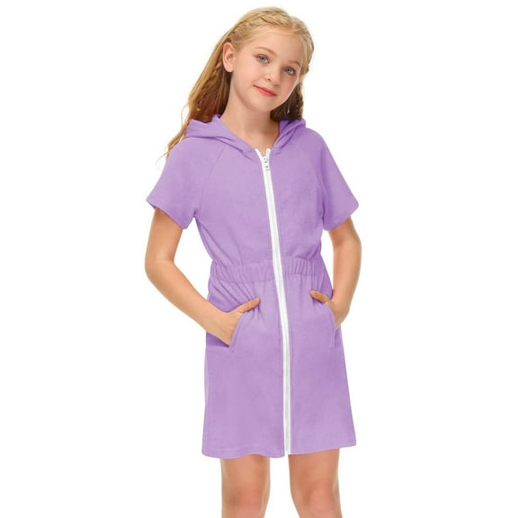 Otqutp Little Girls Fashion Zipper Swim Cover Up Kids Swimsuit Coverup Zip Up Beach Bathing Suit Short Sleeved Hooded Absorbent Beach Dress(3-Purple,10-11 Years)