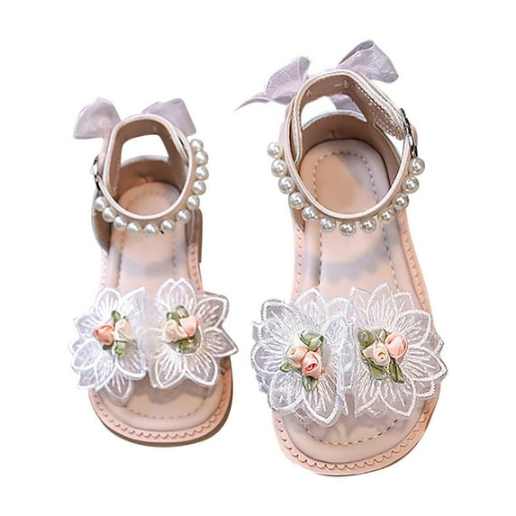 Otqutp Little Girls Pearl Ankle Strap Sandals Open-Toe Princess Dress Shoes for Big Girls Floral Lace Leather Flat Sandals