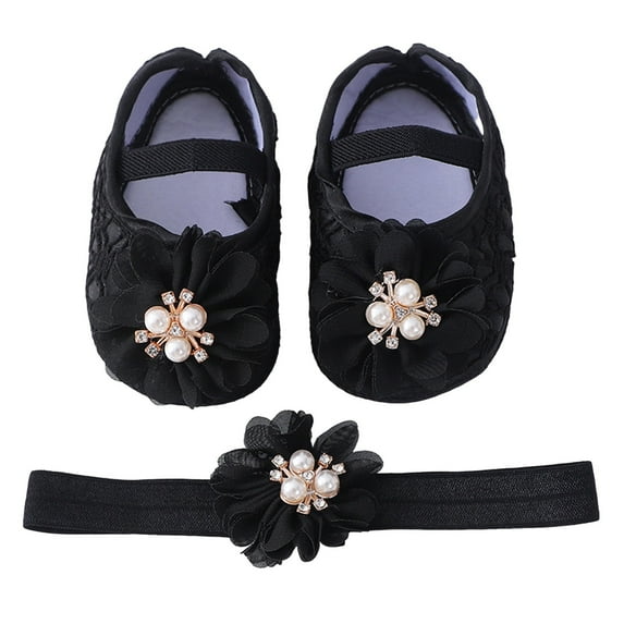 Otqutp Little Kid Solid Color Shoes Baby Shoes With Hair Band Fashion Soft Soled Toddler Shoes Dress Flower Princess Shoes