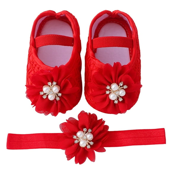 Otqutp Little Kid Solid Color Shoes Baby Shoes With Hair Band Fashion Soft Soled Toddler Shoes Dress Flower Princess Shoes