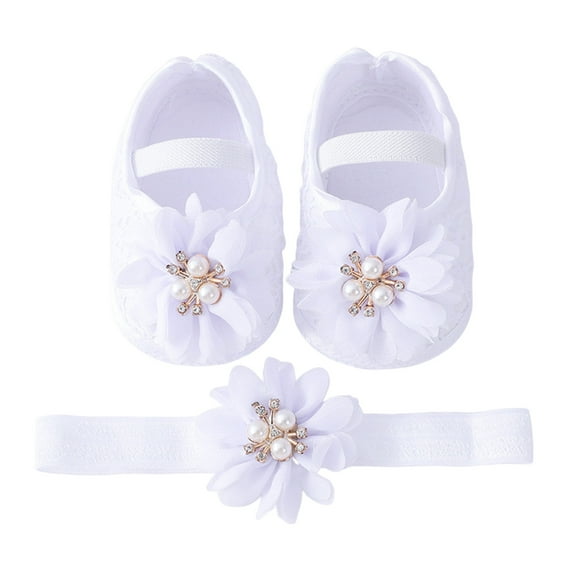 Otqutp Little Kid Solid Color Shoes Baby Shoes With Hair Band Fashion Soft Soled Toddler Shoes Dress Flower Princess Shoes