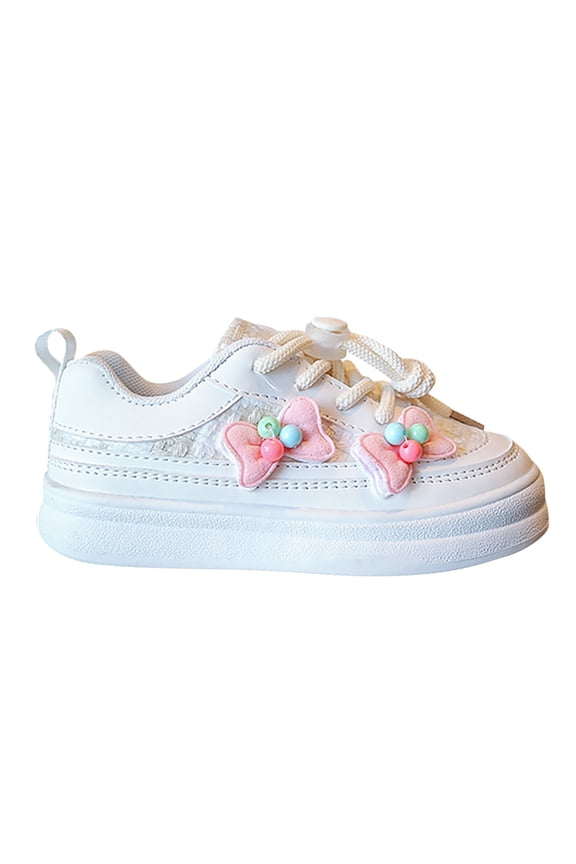 Little Kid Solid Color Shoes Girls Sneakers Bow Flower Decoration Soft Bottom Board Shoes With Lace Up Buckle Shoes