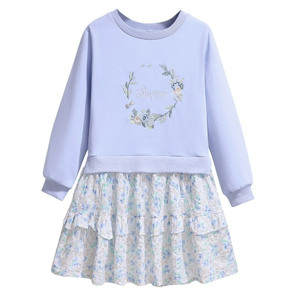 Otqutp Long Sleeved Girls Two Pieces Of Sweater Stitching Floral Dress Girls Sweater Dress Kids Crew Neck Long Sleeve Cute Fall Winter Dresses(Blue,4-5 Years)