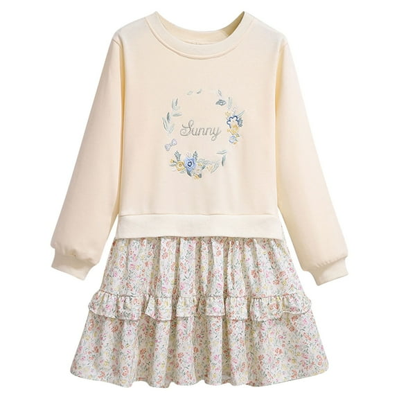 Otqutp Long Sleeved Girls Two Pieces Of Sweater Stitching Floral Dress Girls Sweater Dress Kids Crew Neck Long Sleeve Cute Fall Winter Dresses(Yellow,7-8 Years)