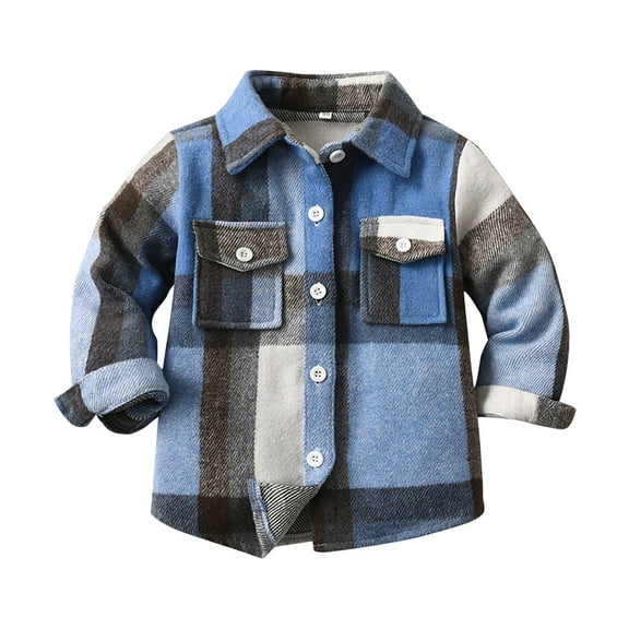 Otqutp Middle and Small Children's Spring and Fall Casual Long Sleeved Plaid Collar Shirt Jacket with Pocket for Boys 0-10 Years(Blue,5-6 Years)