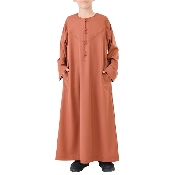 Otqutp Muslim Thobe for Boys Arabic Ramadan Ethnic Robe Solid 𝗜slamic Kaftan Dress Long Sleeve Prayer Clothes with Pockets