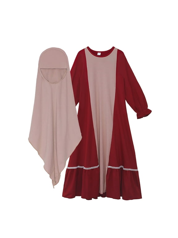Muslim 𝗜slamic Toddler Girls Ramadan Abaya with Hijab Full Length Robe Burka Maxi Modest Prayer Clothes Kaftan Dress