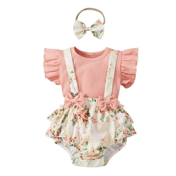 Otqutp Outdoor Clothing for Toddler Girls Ruffles Long Sleeve Floral Print Romper Bowknot Ribbed Bodysuits Headbands Outfits