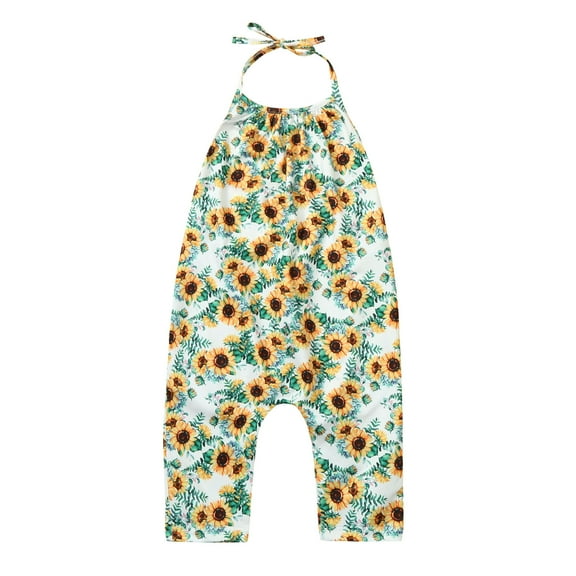 Otqutp Outdoor Overalls for Toddler Kids Baby Girls Sleeveless Summer Strap Print Romper Jumpsuit Playsuit Spring Fall Clothes(Yellow-B,2-3 Years
