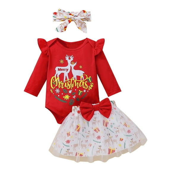 Otqutp Outfits Set for Baby Fashion Girls Long Sleeve Christmas Letter Deer Printed Romper Bodysuit Tulle Skirts Headbands Outfits for 0-24 Months(Red,12-18 Months)