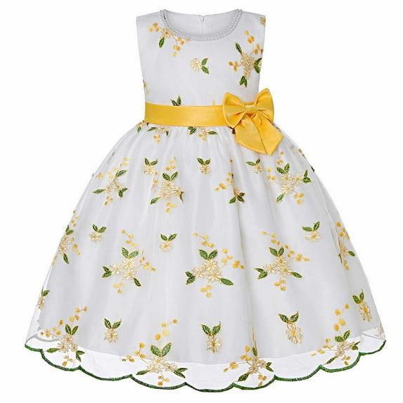 Otqutp Pageant Dresses for Flower Girls Embroidered Bowknot Dress Mesh Princess Tutu Girls Dress Little Girls Party Mesh Princess Pageant Dress(Yellow,8-9 Years)