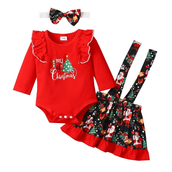 Otqutp Party Outfits Set for Baby Girls Long Sleeve Christmas Letter Printed Romper Bodysuit Cute Prints Suspender Skirts Headbands Outfits for 0-18 Months(Red,0-3 Months)