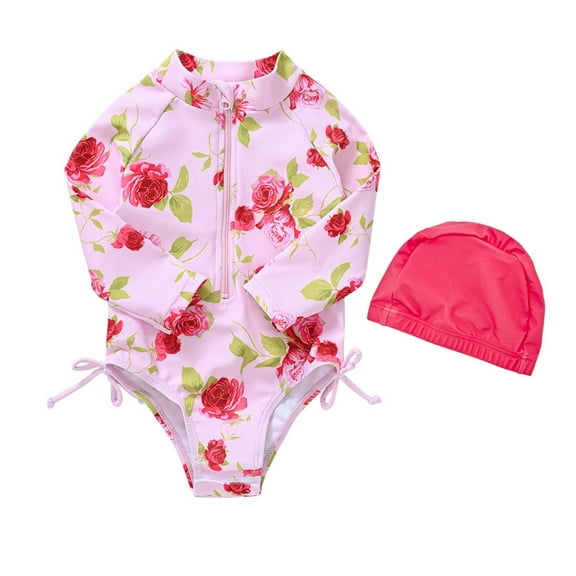 Otqutp Playsuit for Toddler Baby Girls Spring Summer Print Long Sleeve Romper Bodysuit Swimwear Hat 0 to 24 Months Clothes