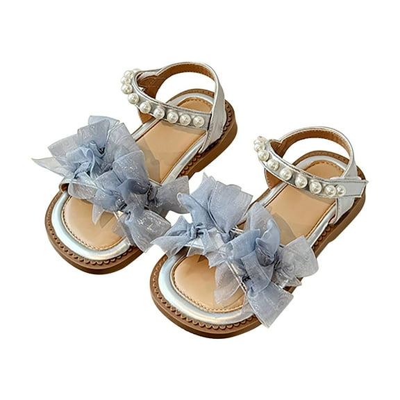 Otqutp Summer Shoes for Girls Size 2 Girls Summer Mesh Pearl Beaded Soft Bottom Open Toe Beach Shoes Princess Sandals