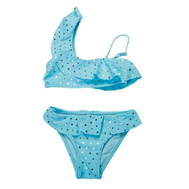 Otqutp Quick Drying Swimsuit for Little Kid Girls Ruched Solid Point Print Swimwear Two Piece Swimsuit Bikini Sets for Children 2 to 7 Years