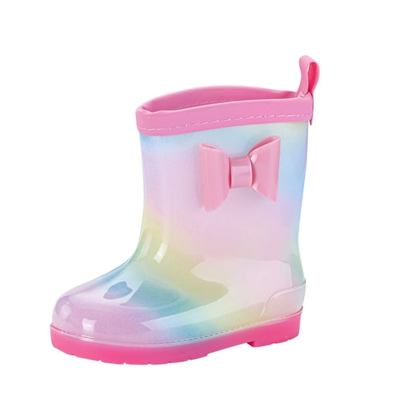 Otqutp Rain Boots for Girls Boys Rainbow Gradient Bow Waterproof Rubber Boots Kids Toddlers Non-Slip Mid-Calf Shoes