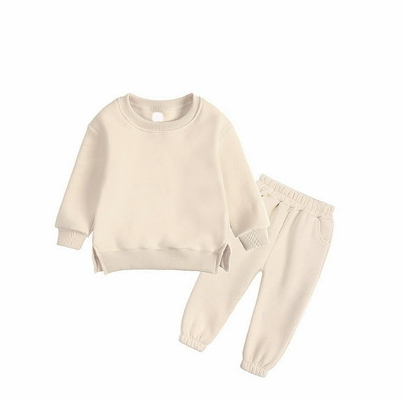 Otqutp Round Neck Pullovers for Unisex Baby Children's Long Sleeved Pants Set Sweater Pants Set Kids Boys Girls Fall Winter Clothes(Beige,5-6 Years)