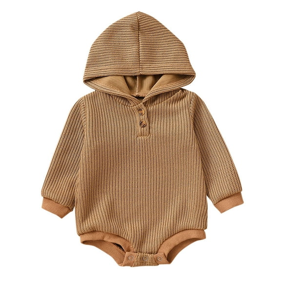 Otqutp Round Neck Sweatshirt for Toddler Boys Girls Long Sleeve Solid Hooded Pullover Romper Sweatshirt Bodysuits Fall Winter Clothes (Brown,3-6 Months)