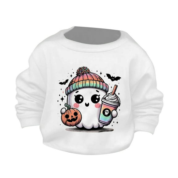 Otqutp Round Neck Tops for Baby Children's Halloween Cute Little Bats and Pumpkin Printed Round Neck Sweater Autumn Hoodie Sweatshirt(White,2-3 Years)