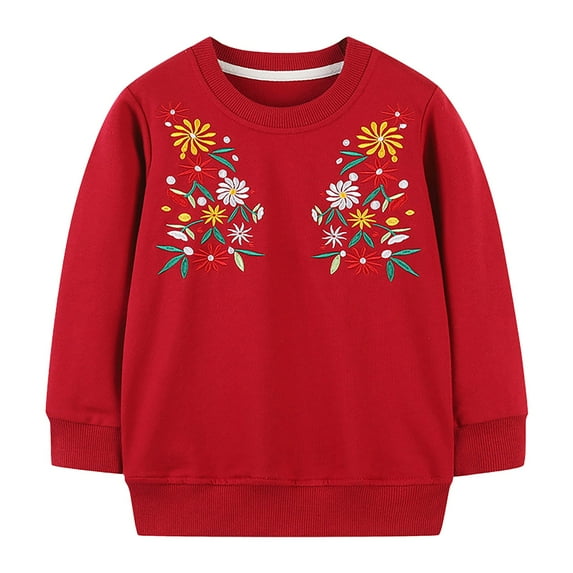 Otqutp Round Neck Tops for Baby Toddler Girls 2024 Pullover Round Neck Long Sleeve Sweatshirt Embroidered Floral Embroidered Flower T Shirt(Red,3 Years)