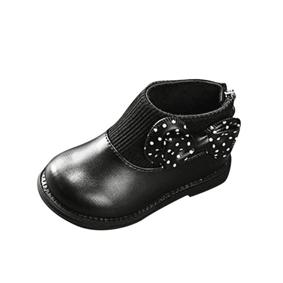 Otqutp Round Toe Boots for Toddler Fashion Autumn and Winter Girls Boots Round Toe Flat Sole Thick Sole PU Leather Non-slip Back Zipper Cute Polka Dots Bow(Black,3-3.5 Years)