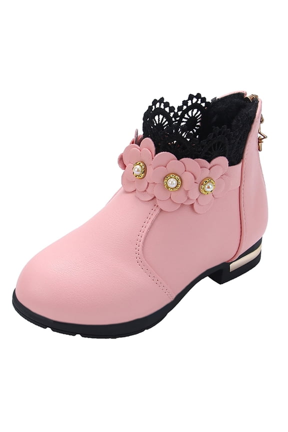 School&nbsp;Boots for Baby Little/big Kids Shoes Fashion Shoes Plush Low Tube 3D Flowers Print Leather Boots Toddler Ankle Boots Low Heel Side Zipper Dress Booties(Pink,4-4.5 Years)
