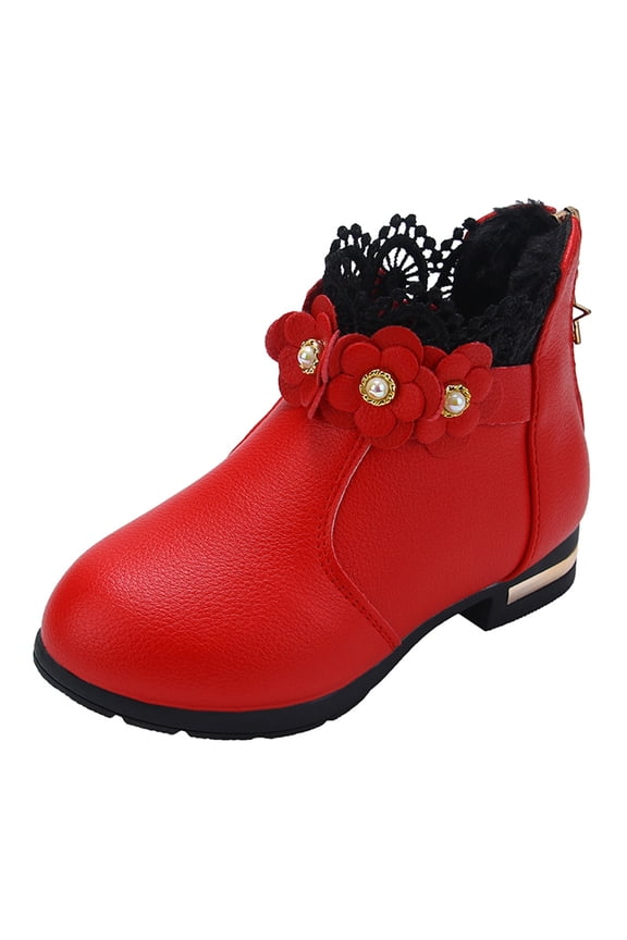School&nbsp;Boots for Baby Little/big Kids Shoes Fashion Shoes Plush Low Tube 3D Flowers Print Leather Boots Toddler Ankle Boots Low Heel Side Zipper Dress Booties(Red,4-4.5 Years)