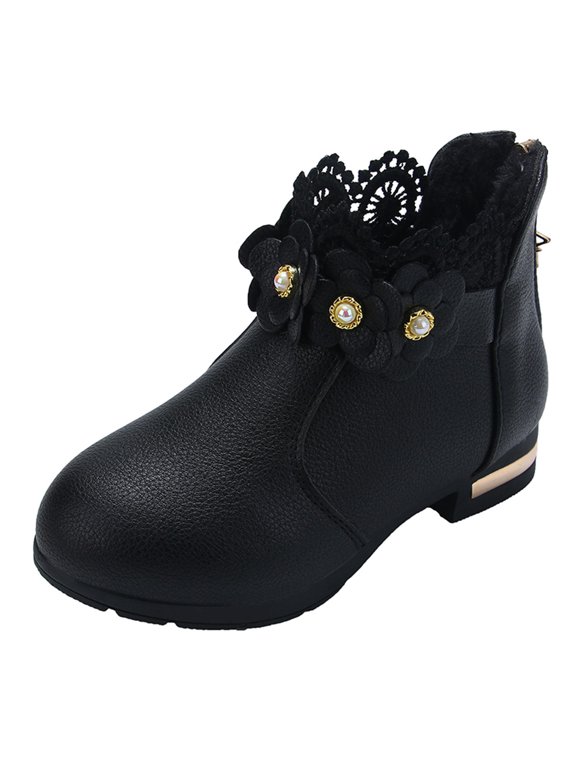 School Boots for Baby Little/big Kids Shoes Fashion Shoes Plush Low Tube 3D Flowers Print Leather Boots Toddler Ankle Boots Low Heel Side Zipper Dress Booties(Black,7-8 Years)