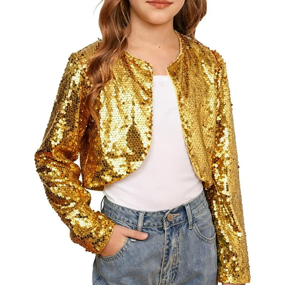 Otqutp Sequin Bolero Girls Jacket Long Sleeve Glitter Open Front Shrug Kids Sparkly Blazer Cropped Tops Cardigan Outerwear