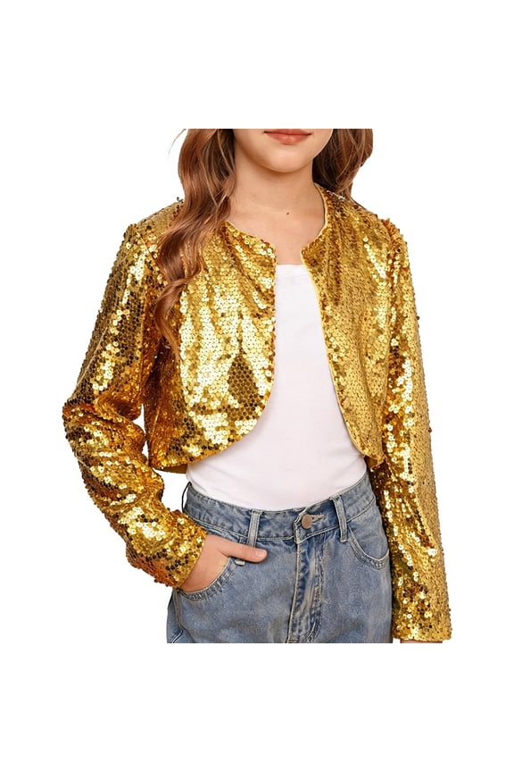 Sequin Bolero Girls Jacket Long Sleeve Glitter Open Front Shrug Kids Sparkly Blazer Cropped Tops Cardigan Outerwear