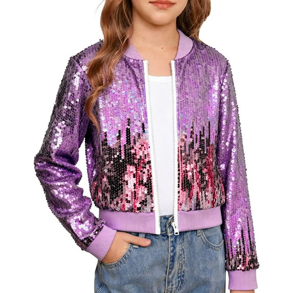 Otqutp Sequin Jacket for Girls Kids Lightweight Glitter Flight Jacket Colorful Sparkly Shiny Outerwear Zipper 𝗩ivid Color Coat