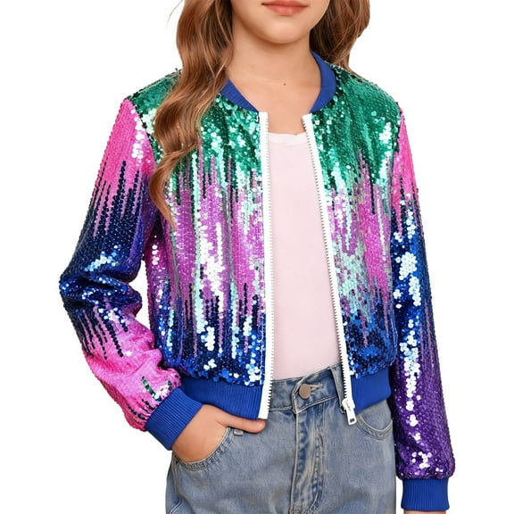 Otqutp Sequin Jacket for Girls Kids Lightweight Glitter Flight Jacket Colorful Sparkly Shiny Outerwear Zipper 𝗩ivid Color Coat