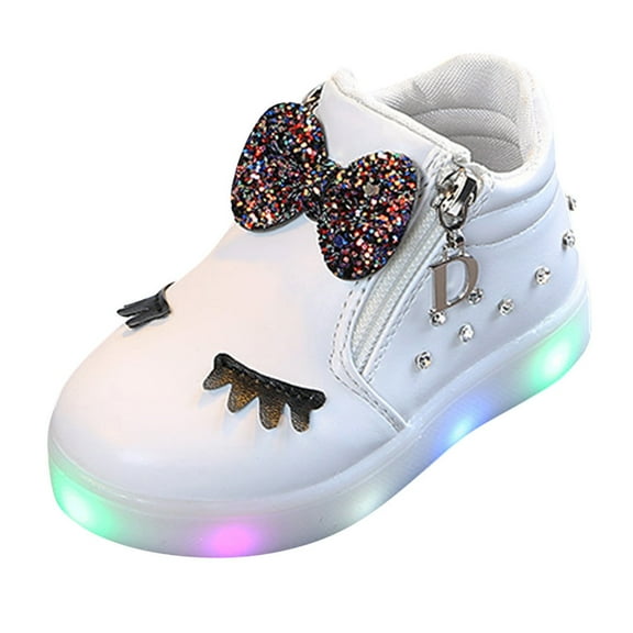 Otqutp Side Zipper Bow Glitter Light Up Sneakers for Toddler Boys Kids Baby Non Slip Leather Sport Shoes First Walking Shoes
