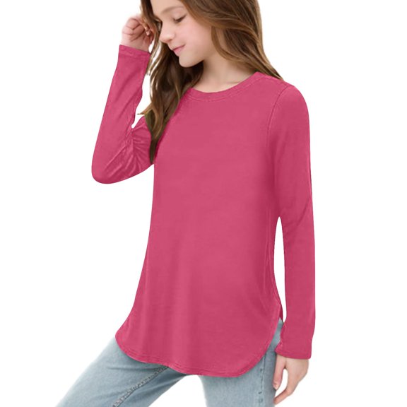 Otqutp Soft Polyester Girls Long Sleeve Tunic T-Shirt - Side Slit Casual Top for 3-12 Years, Comfort Fit Spring/Autumn Kids Wear