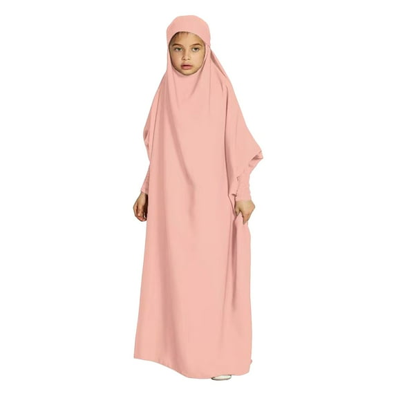 Otqutp Solid Muslim Dress with Hijab for Girl Abaya đť—śslamic đť——ubai Prayer Clothes Set Kids Kaftan Jilbab Dresses Burqa Outfit