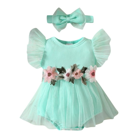 Otqutp Sport Clothes for Toddler Girls Fly Sleeve Ribbed Floral Tulle Romper Bodysuit Dress Headbands Set 0 to 18 Months