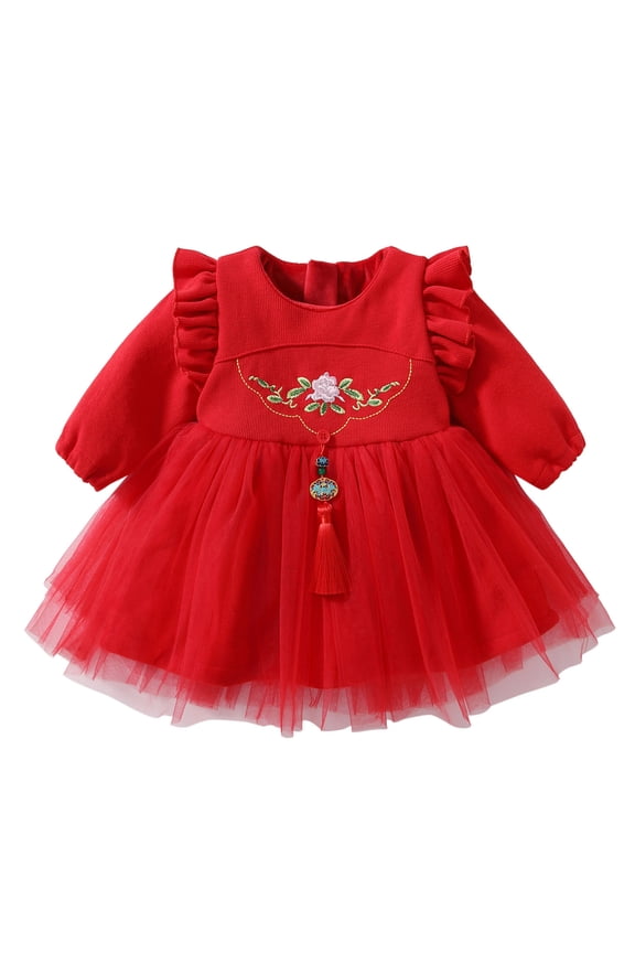 Spring Toddler Bodysuits Baby Kids Girls Thick Warm Tang Suit Long Sleeve Chinese New Year Princess Coat Long Sleeve Dresses Outfits(b-Red,4-5 Years)