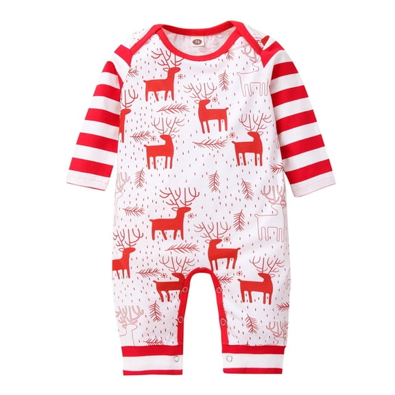 Otqutp Spring Toddler Clothes Set Baby Girl Boy Christmas Romper Deer Print Long Sleeve Striped Jumpsuit Crewneck Xmas Fall Winter Outfits(Red,6-9 Months)