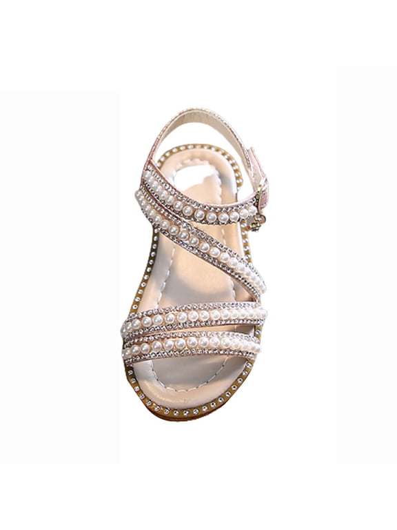 Strap Beaded Pearl Sequins Sandals for Girls Kids Princess Rubber Flat Wide Shoes Wedding Dance Open Toe Sandals Fancy