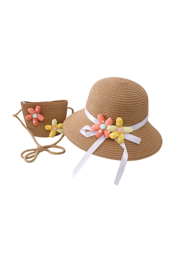 Summer Straw Hat Bag Set Woven Wide Brim Sun Beach Hats with Shoulder Bag Outdoor Outfit Set for Girls Kids