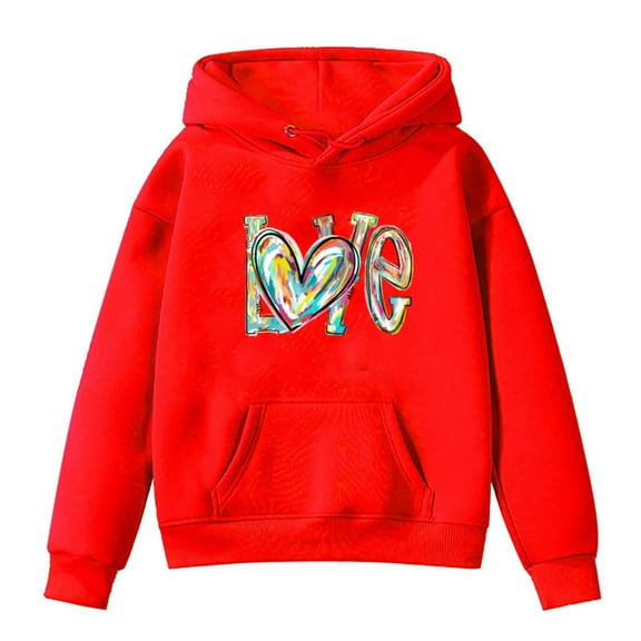Otqutp Teen Boys Girls Fall Winter LOVE Letter Print Throw Rope Hooded Padded Pocket Sweater Casual Girls Long Sleeve Shirts Pullover Tops(Red-1,6-7 Years)